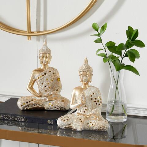 Gold Polystone Glam Sculpture Buddha (Set of 2) - 8 x 5 x 10 and 8 x 4 x 11