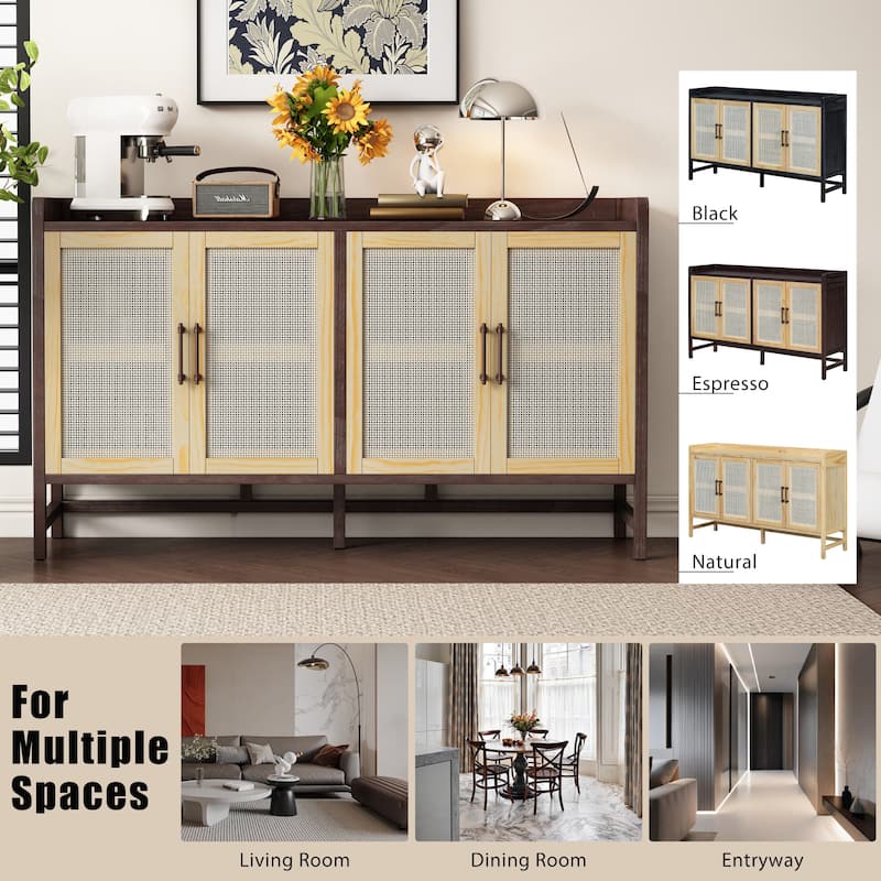 Natural Walnut Buffet Sideboard Storage Cabinet, Rattan Doors Accent Cabinet Console Table for Dining Room Living Room