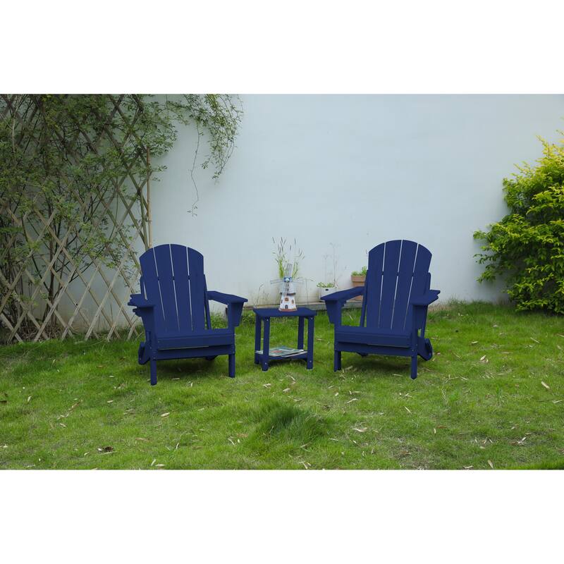 Folding Adirondack Chair with Side Table, 3-Piece Adirondack Chair Set with Wood Texture, Navy Blue(includes 2 Chairs an