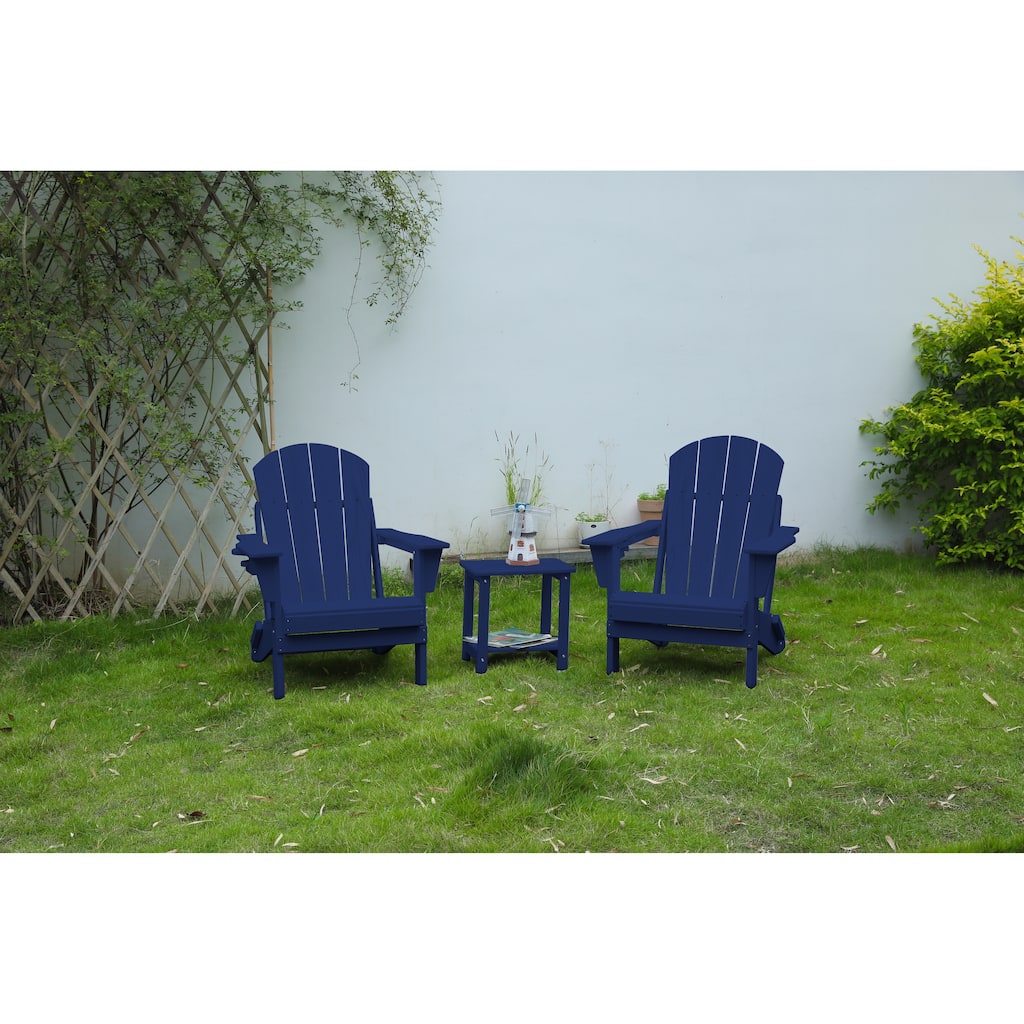 Folding Adirondack Chair with Side Table, 3-Piece Adirondack Chair Set with Wood Texture, Navy Blue(includes 2 Chairs an