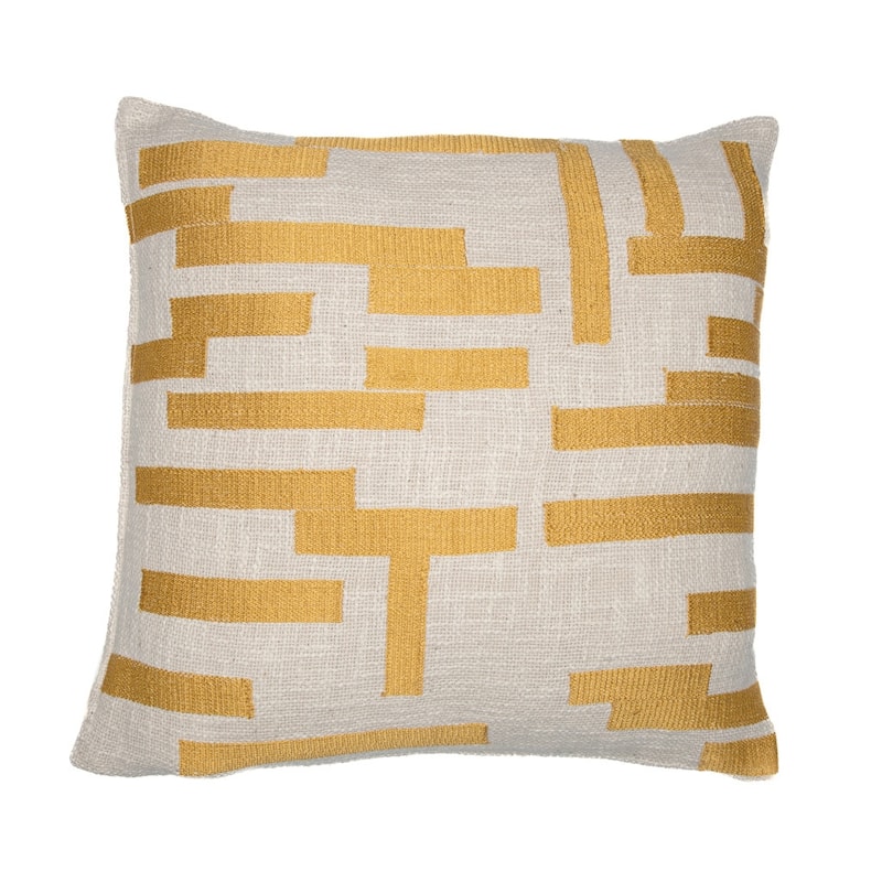HomeRoots 20" Yellow and Ivory Geometric Cotton Blend Throw Pillow With Embroidery