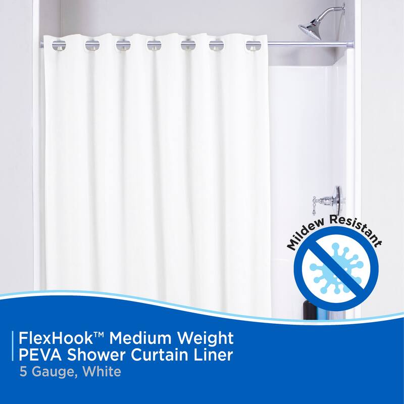 Kenney FlexHook Medium Weight PEVA Shower Curtain Liner, 71" W x 74" H
