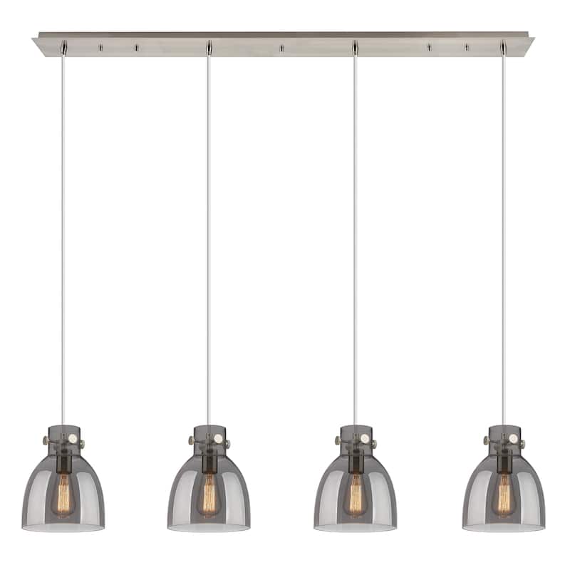 Innovations Lighting Newton Bell - 4 Light 8" Cord Hung Linear Pendant - Brushed Satin Nickel/Light Smoke