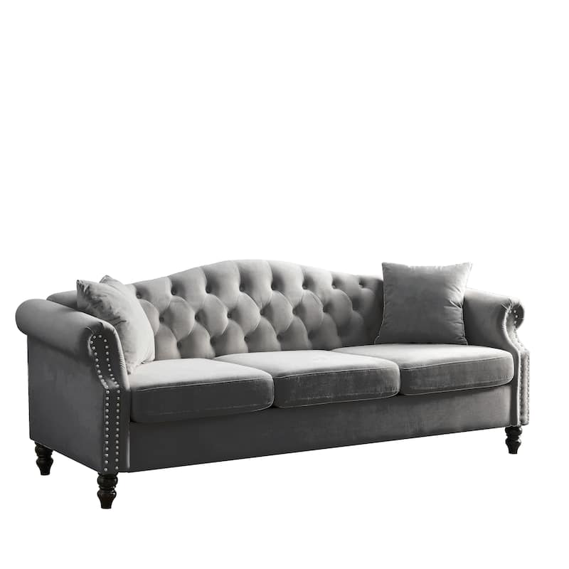 Classic Chesterfield 3-Seater Velvet Sofa with Rolled Arms and Nailhead for Living Room