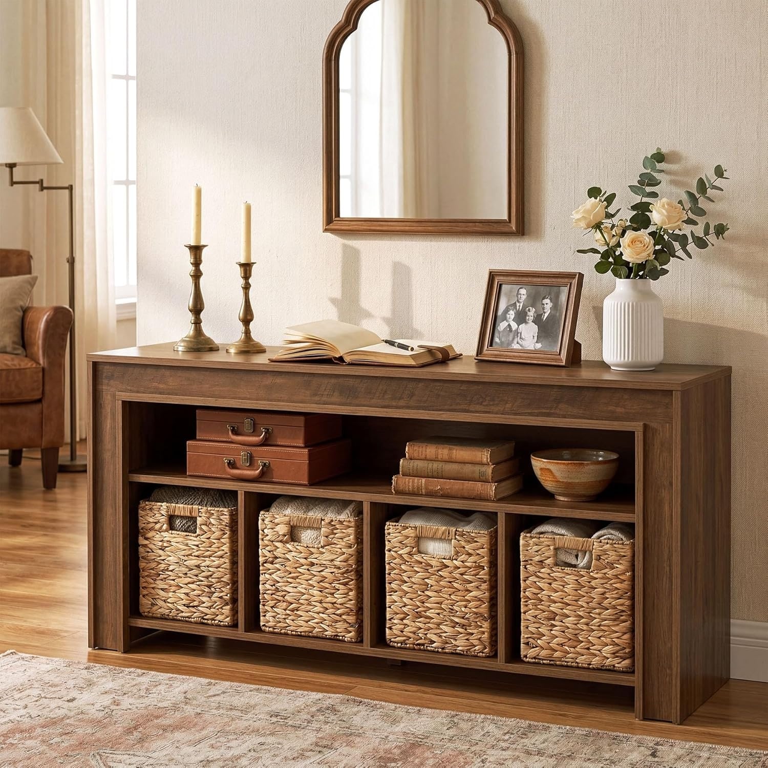 63" Low Horizontal Storage Cube Bookshelf Bookcase with 4 Woven Baskets & Open Shelf