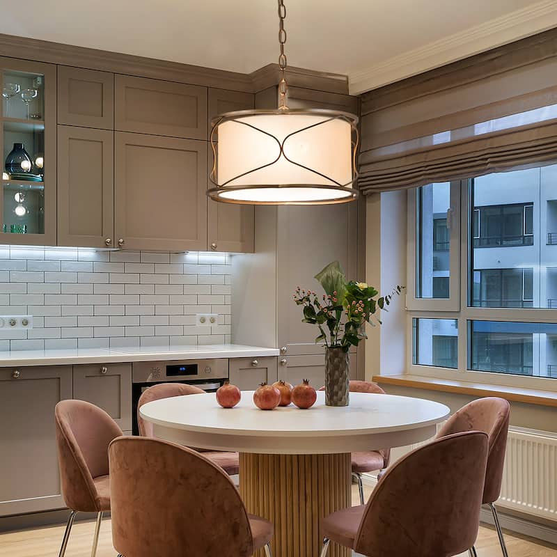 Flot Modern Farmhouse 3-light Gold Drum Chandelier Fabric Ceiling Lantern Pendant Lights - D 15.5'' x H 69.5''
