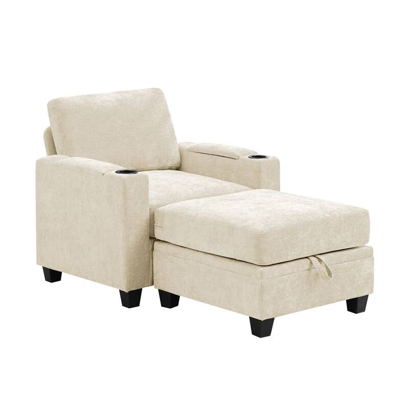 Chenille Sectional Sofa, Hidden Storage & Modular Design - Single Seat & 1 Ottoman - Marzipan White