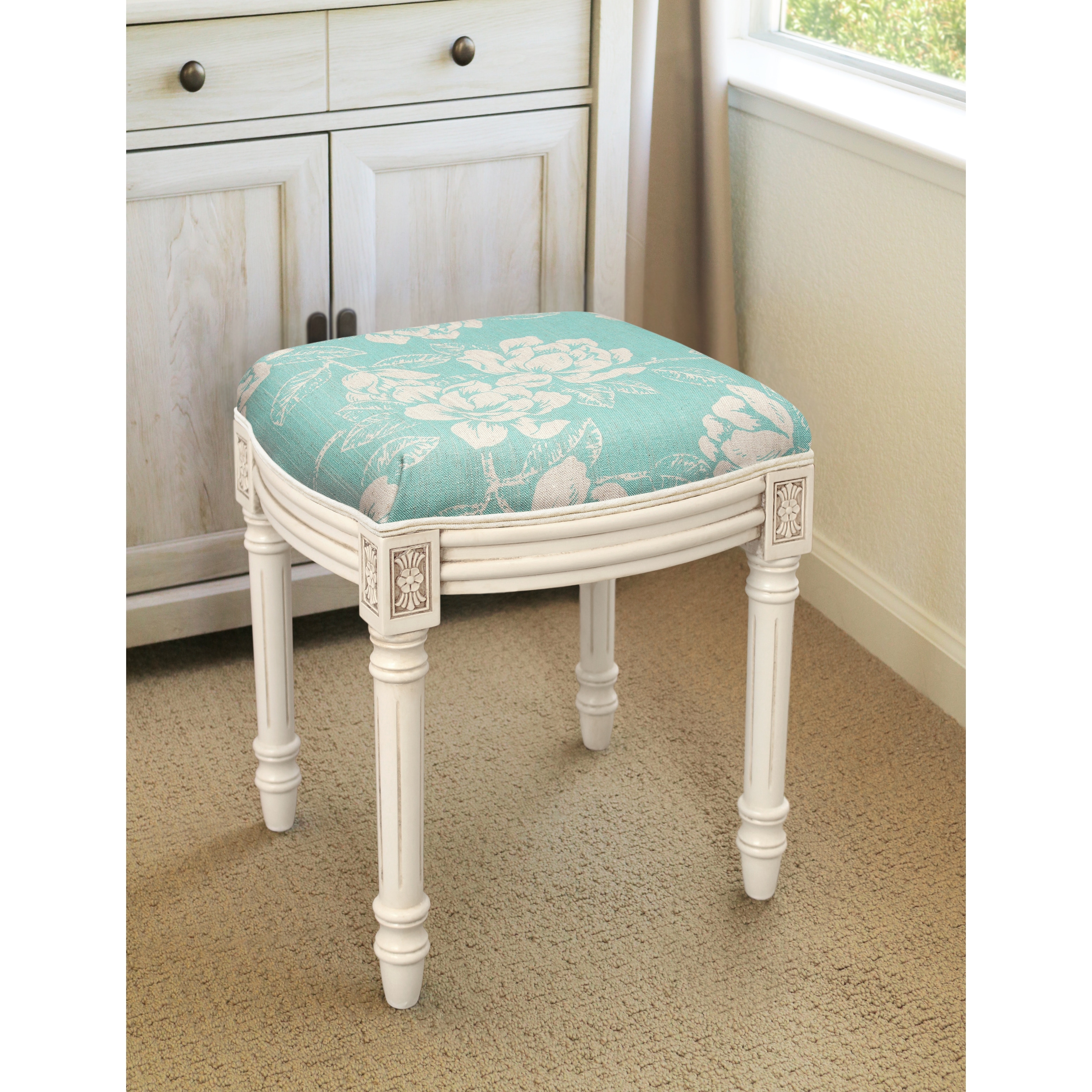Aqua Magnolia Vanity Stool with antique white finish