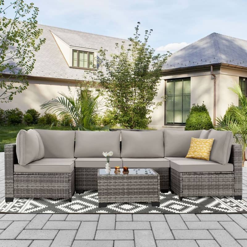 7-Piece Wicker Patio Conversation Set with Cushions,6 Sofas, 1 Table