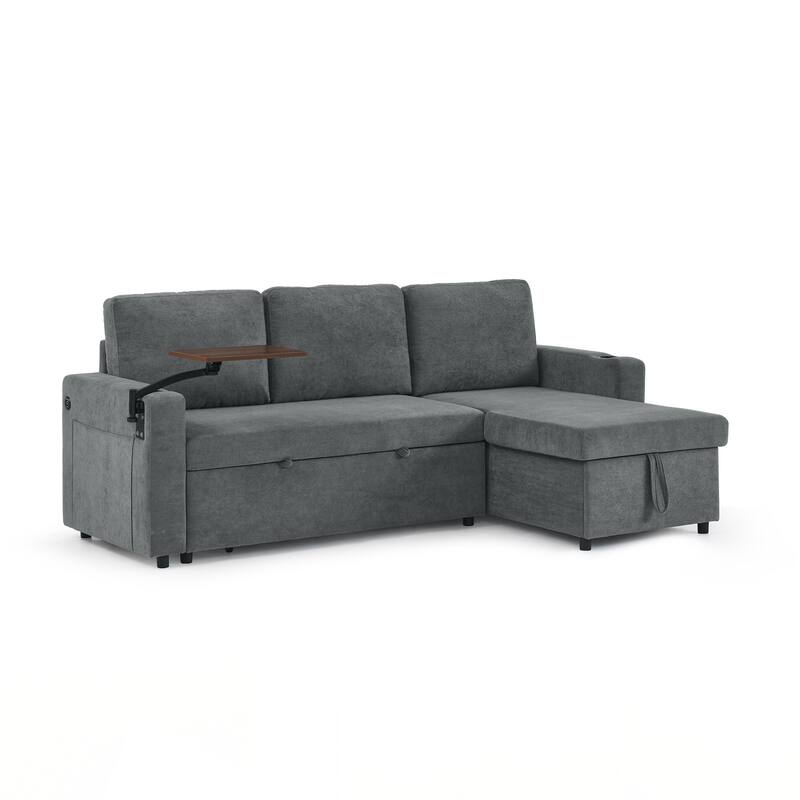 Modern Chenille Multi-functional Pull-Out Bed Sofa with Retractable Table and LED Lighting
