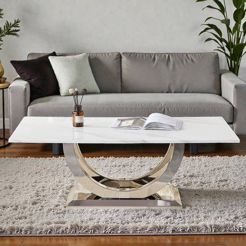 50.4 Inch Modern Rectangular Coffee Table with Marble Pattern MDF Top and Silver Stainless Steel Base