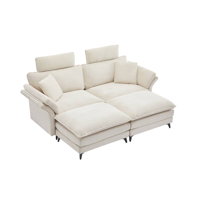 Corduroy Loveseat Sofa, Deep Seat Sectional Sofa wMovable Ottoman & 2 Pillows Upholstered Tufted Couch for Living Room