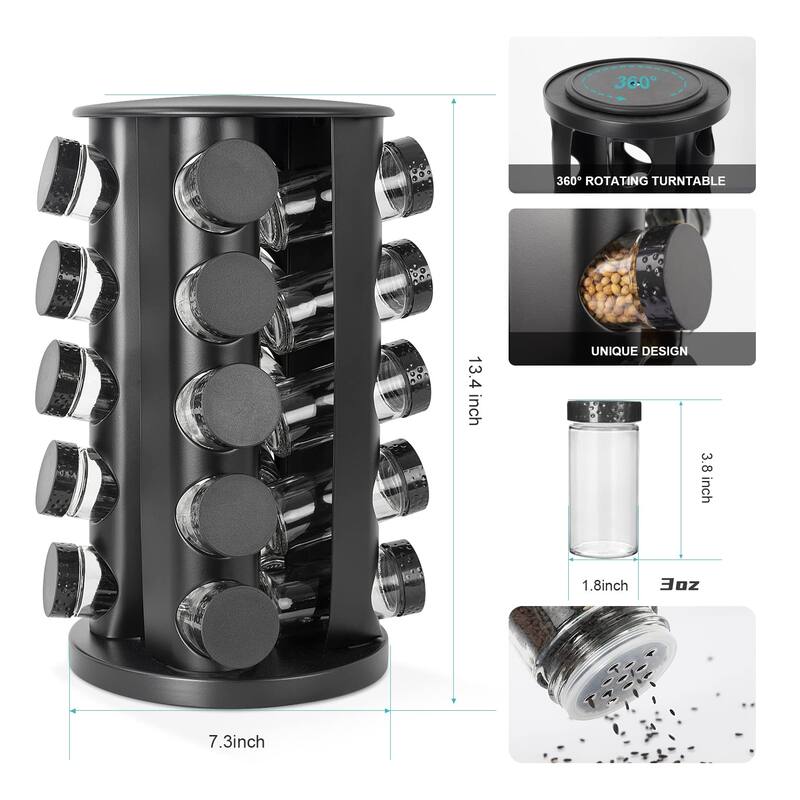 Black Countertop Rotating Spice Rack, Empty 20-Jars Revolving Spice Rack Organizer,135 Spice Labels with Funnel Complete Set