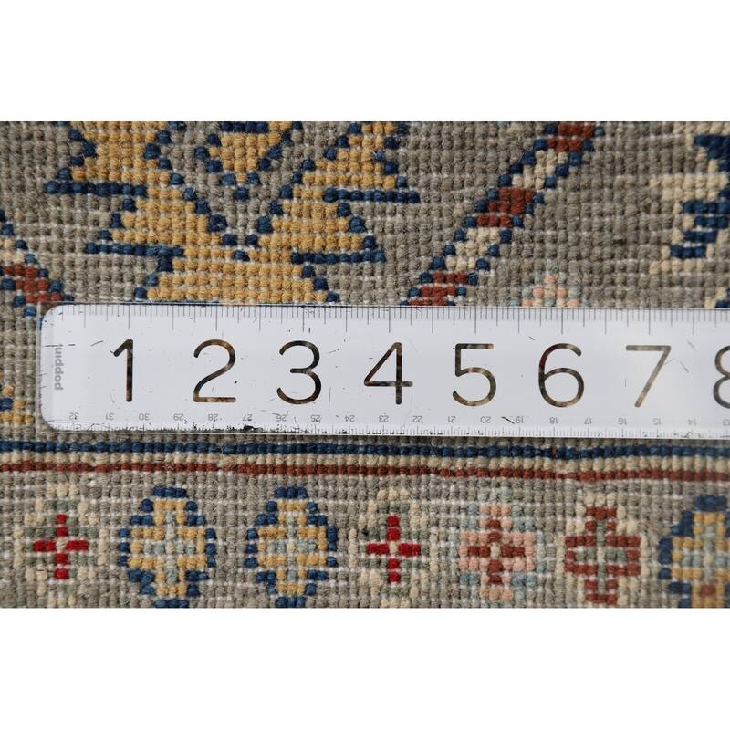 Gray Geometric Kazak Oriental Runner Rug Hand-Knotted Wool Carpet - 2'9" x 10'0"