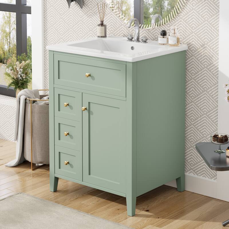 Roomfitters 24" Bathroom Vanity with Sink, Solid Wood Legs, 4 Drawers & Cabinet with Adjustable Shelf - Green
