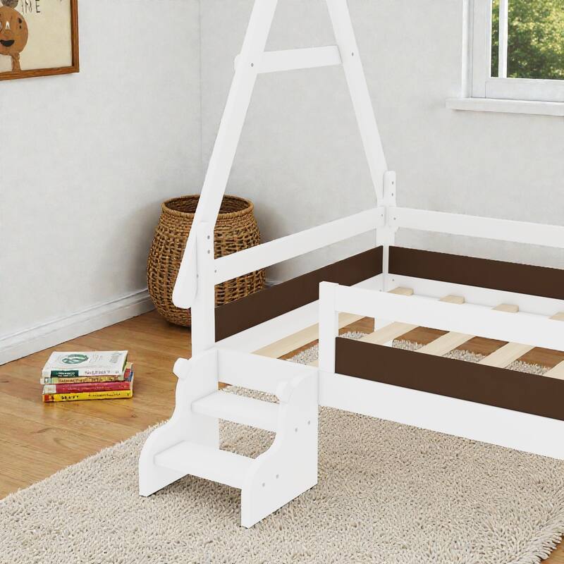 Twin/Full House Platform Bed with Stairs, Solid Wood Low Profile Kids Bed Frame, Fun Playhouse Design for Children