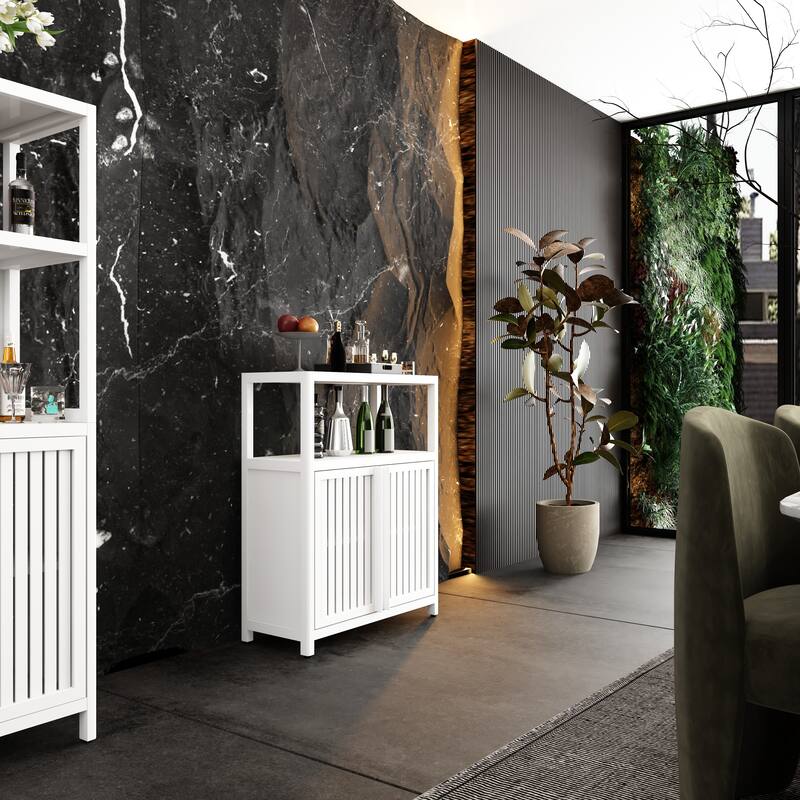 Bamboo Bathroom Storage Cabinet, Freestanding Storage Organizer, Bathroom Floor Cabinet with 2 Shutter Doors & Open Shelf