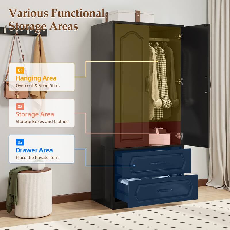 Pocassy 71" Tall Armoire with Hanging Rod Wardrobe Closet