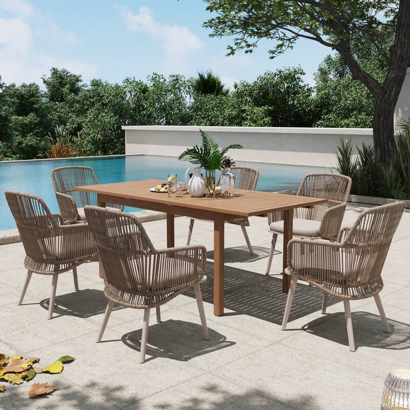 Outdoor Patio Dining Set PE Wicker Arm Chair and Extendable Dining Table (7-Piece Set)