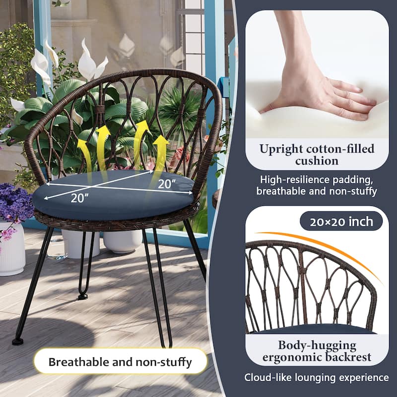 3 Pieces Rattan Bistro Set with A Glass Round Table for Patio