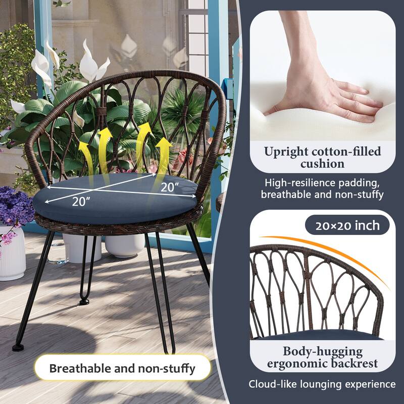 All Weather Outdoor Leisure Conversation Set, PE Rattan Single Chairs Set of 2 with A Glass Round Table