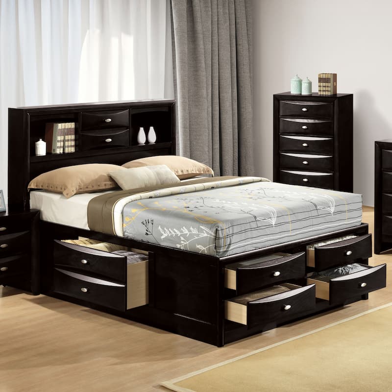 Furniture of America Brent Storage Platform Bed with Drawers and Bookcase Headboard - Black - King