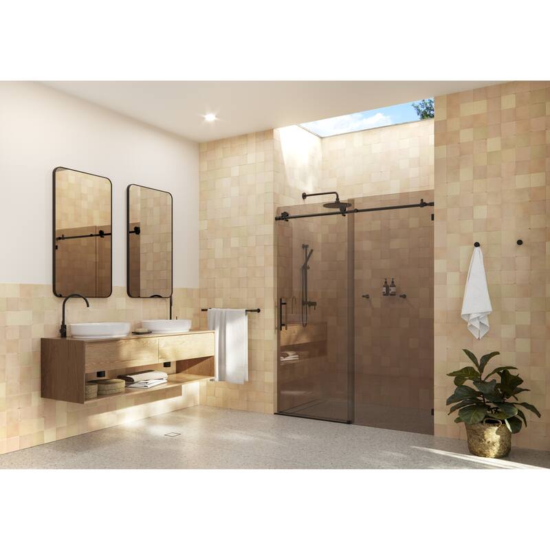 Equinox 60 in. x 78 in. Fully Frameless Glass Sliding Shower Doors with Bronze Tint - Matte Black
