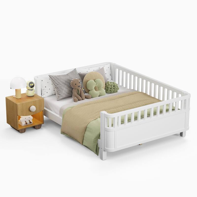 White Full Size Wood Platform Bed with Safety Rails for Kids, Low Profile Design