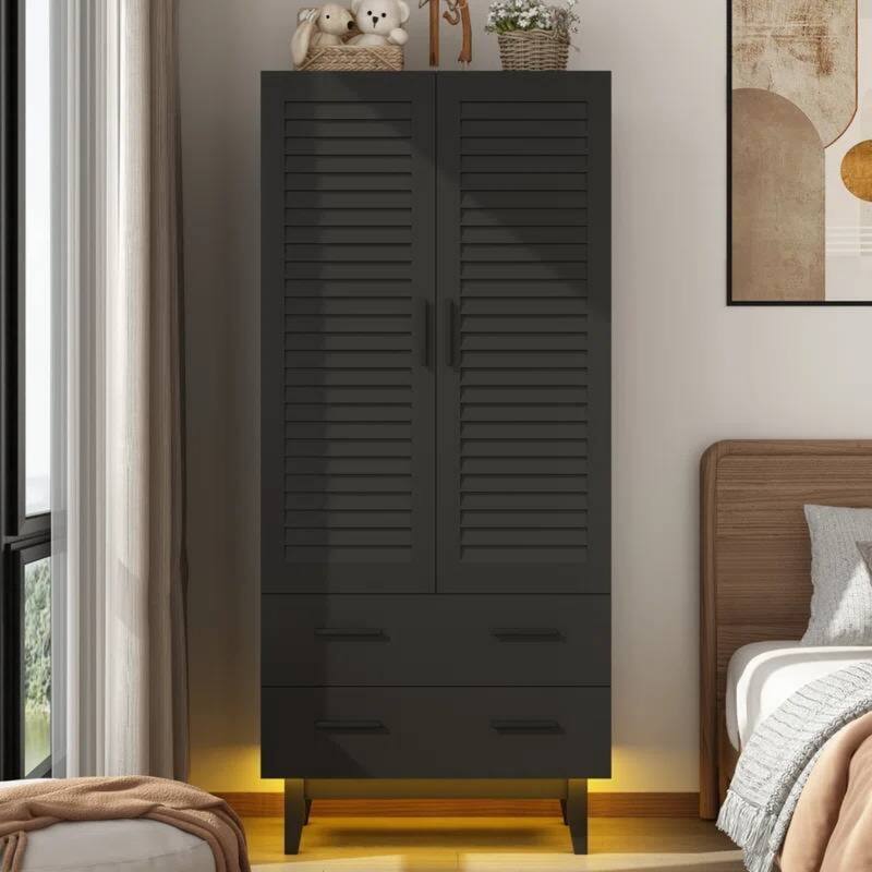 Contemporary Pine Wood Wardrobe with Adjustable Shelves LED Lighting Drawers and Louver Doors - 71'' H X 31.51'' W X 19.72'' D - Matte Black