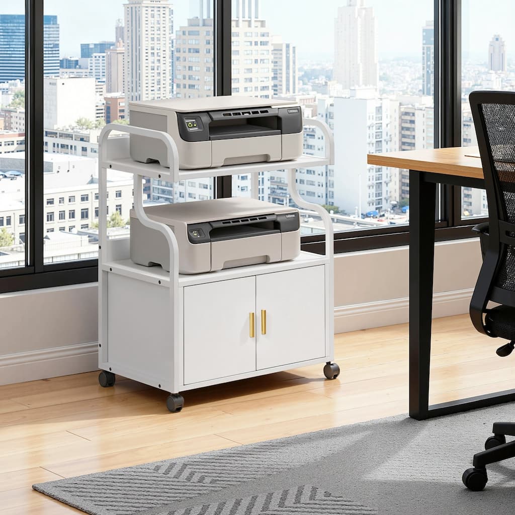 VECELO Mobile Printer Stand with Outlets & Locking Wheels White Rolling Cart Home Office Cart with USB Charging Station