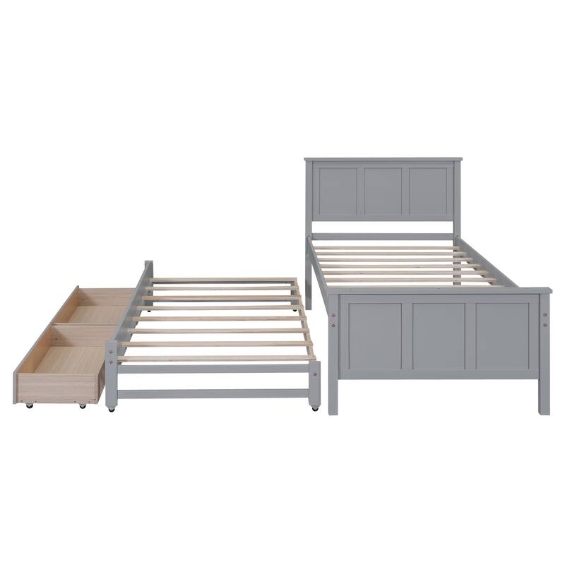 Twin Platform Bed with Trundle and Two Storage Drawers, Solid Pine Wood Frame, Space-Saving Design