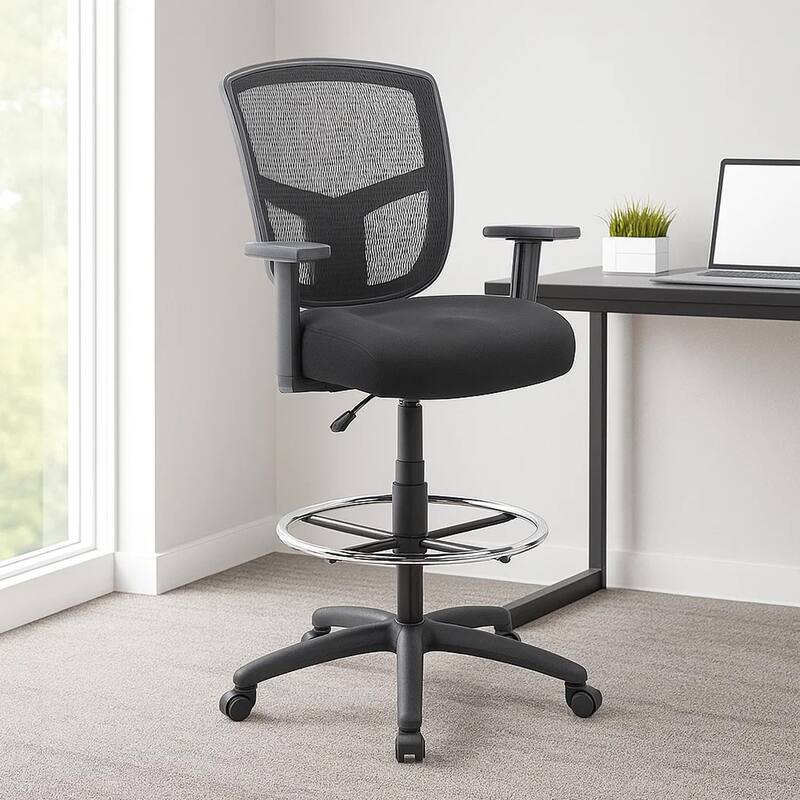 Mea Drafting Stool Chair, Adjustable Arms, Black Mesh, Chrome Footring