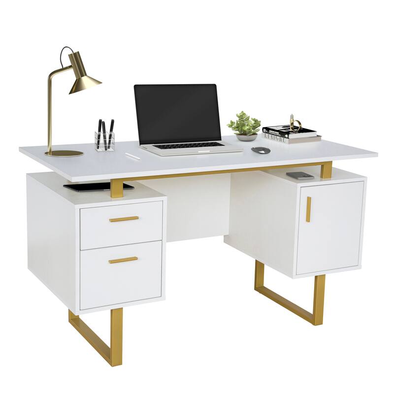 Sleek White Desk with Gold Metal Legs, Storage Drawers, and Cable Management for Modern Home Offices