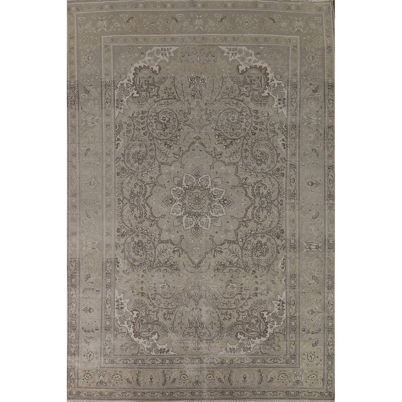 Distressed Tabriz Vintage Persian Rug Handmade Beige Wool Carpet - 8'1" x 11'4"