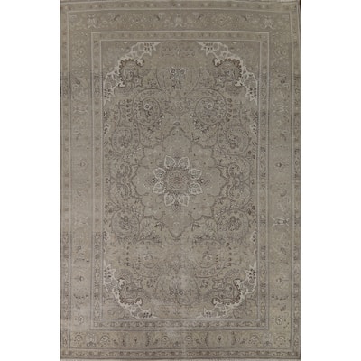 Distressed Tabriz Vintage Persian Rug Handmade Beige Wool Carpet - 8'1" x 11'4"