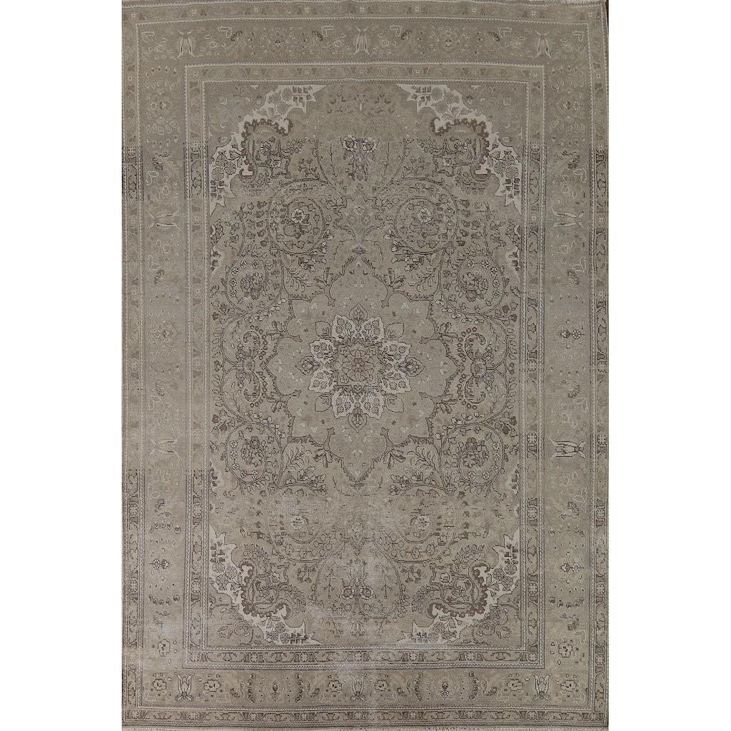 Distressed Tabriz Vintage Persian Rug Handmade Beige Wool Carpet - 8'1" x 11'4"