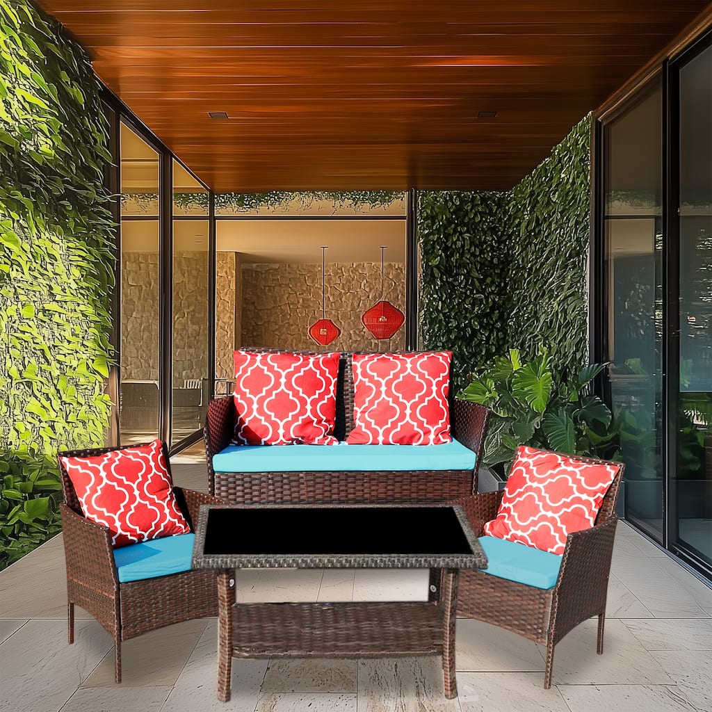 4-Piece Sofa Set Table With Sofa Chair PE Rattan With Cushion