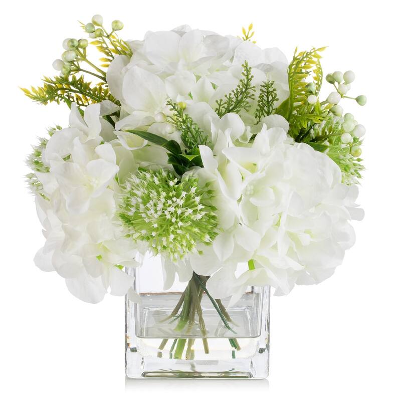Mixed Silk Hydrangea Flower in Clear Glass Vase With Faux Water for Home Wedding Office Decoration