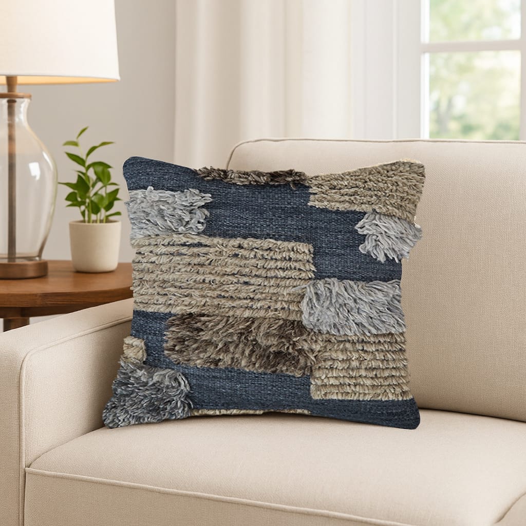 Square Accent Throw Pillow, 20 Inch Hand Knotted Patchwork, Gray Wool