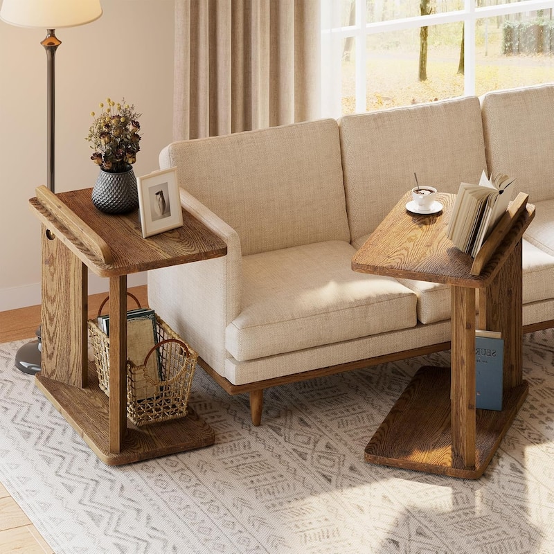 Farmhouse Solid Wood C-Shaped End Table with Book Groove & Holder for Living Room, Bedroom - 2pcs