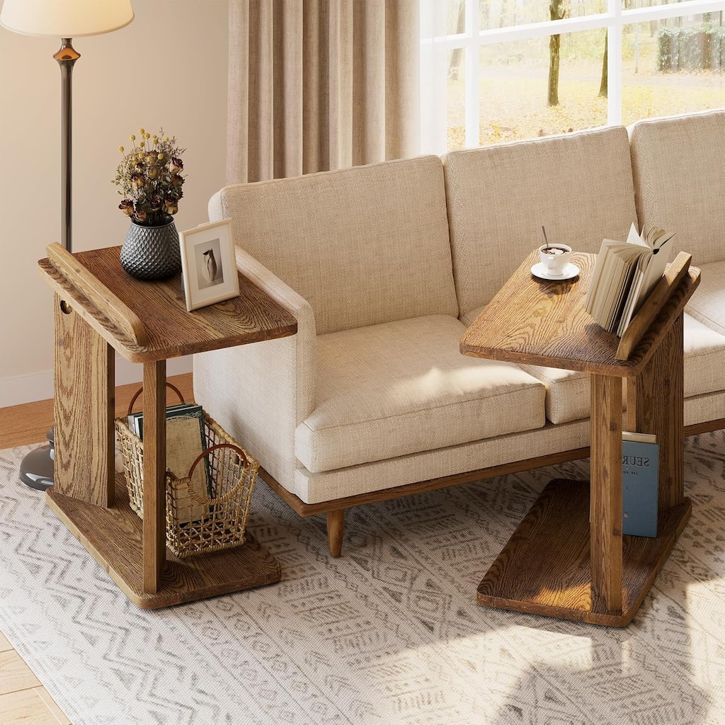 Solid Wood C-Shaped Side Table with Book Groove & Holder, Farmhouse Wooden End Table