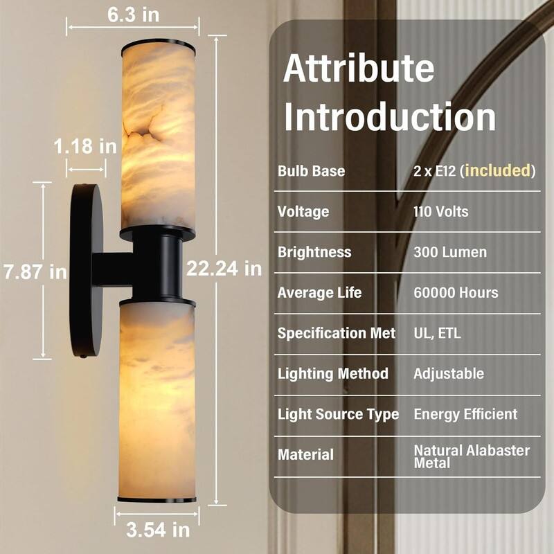 KAYLA Alabaster Wall Sconce 22", Modern Brass Wall Light, Spanish Natural Marble Indoor Sconces