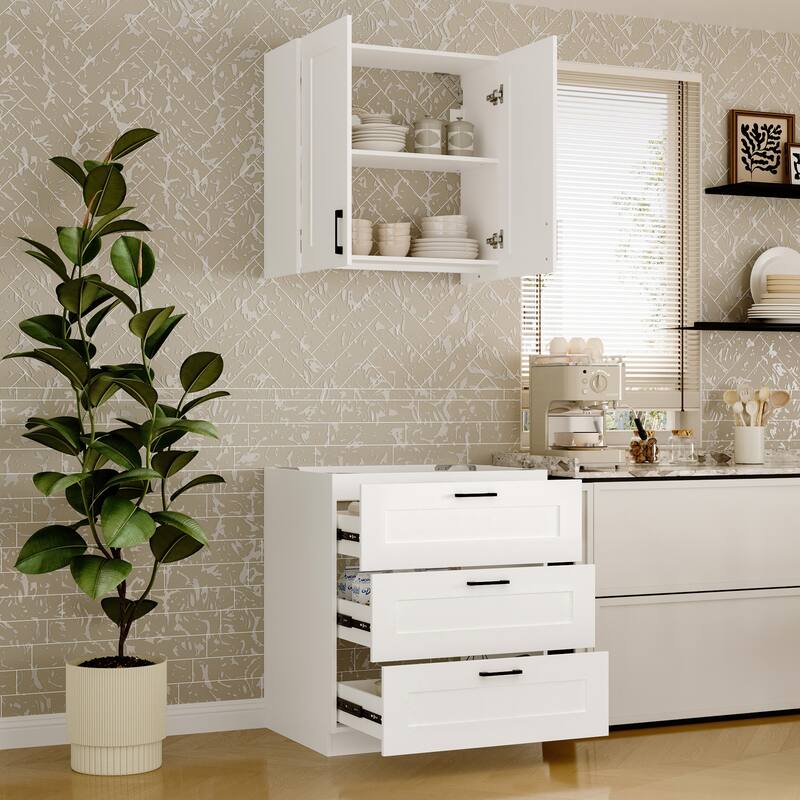 Modular White Kitchen Cabinet Set Customizable Base and Wall Cabinets Pantry Storage and DIY Countertop Design(Without desktop)