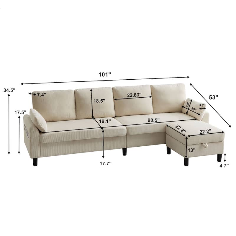 100.79" Corduroy L shaped Pillow Top Arm Sofa With Storage Bag