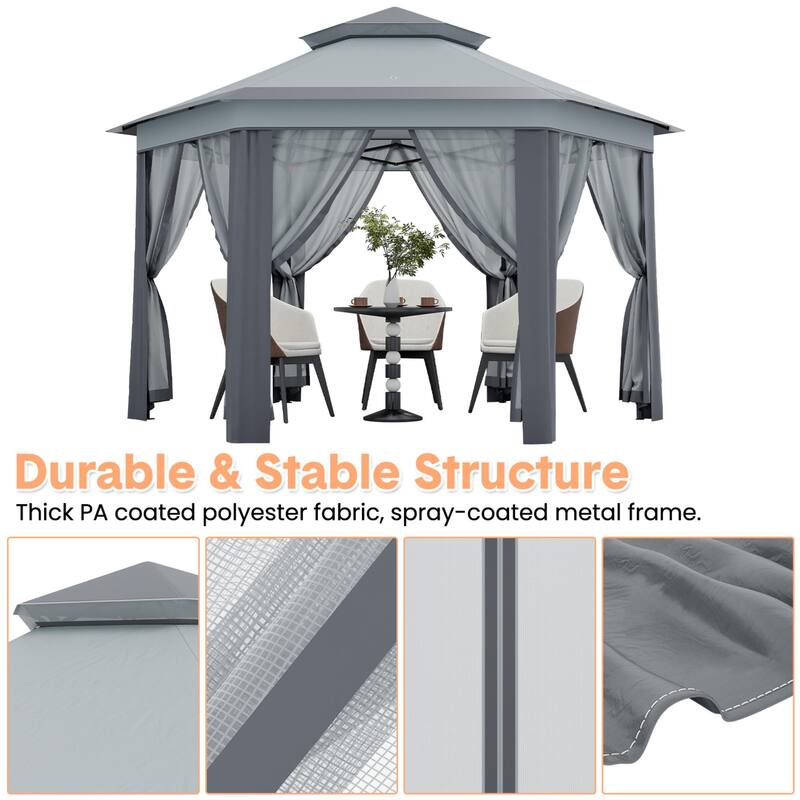 Pop Up Gazebo, Hexagonal Canopy Shelter with 6 Zippered Mesh Netting, Event Tent with Strong Steel Frame