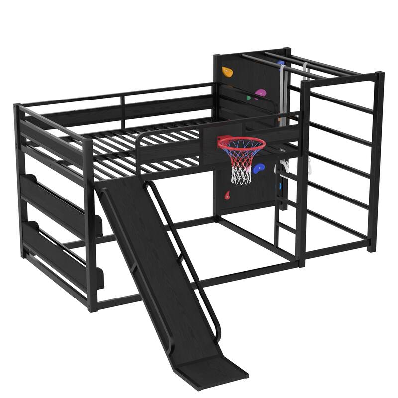 Childhood Fun Metal Loft Bed Frame with Built-in Bookshelf, Basketball Hoop, Climbing Wall, Pull-up Rings and Slide