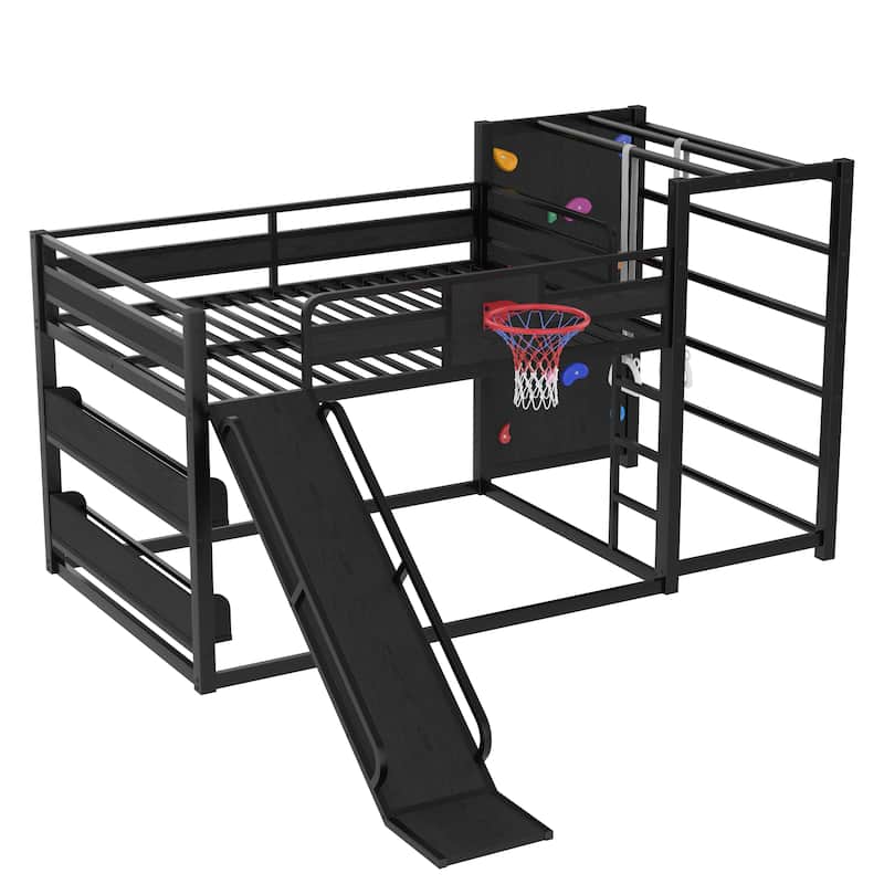 Metal Loft Bed with Basketball Hoop, Pull-up Rings, Climbing Wall and Built-in Bookshelves, Heavy Duty Metal Loftbed Frame - Black - Full