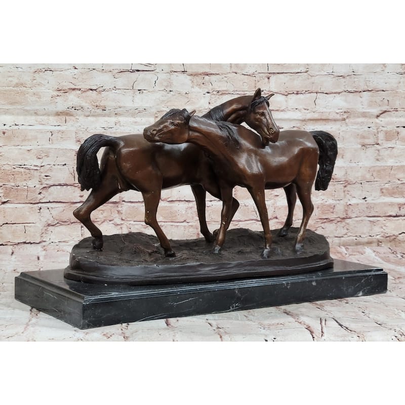 Bronze Horses Sculpture – Pair Of Grazing Stallions Statue On Marble Base