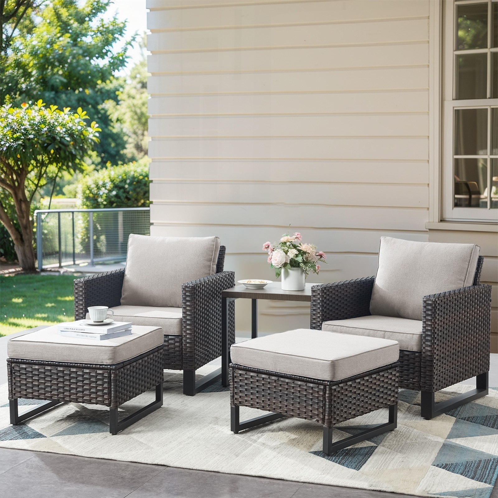 Outdoor Patio Chairs with Ottomans Side Table Brown Grey