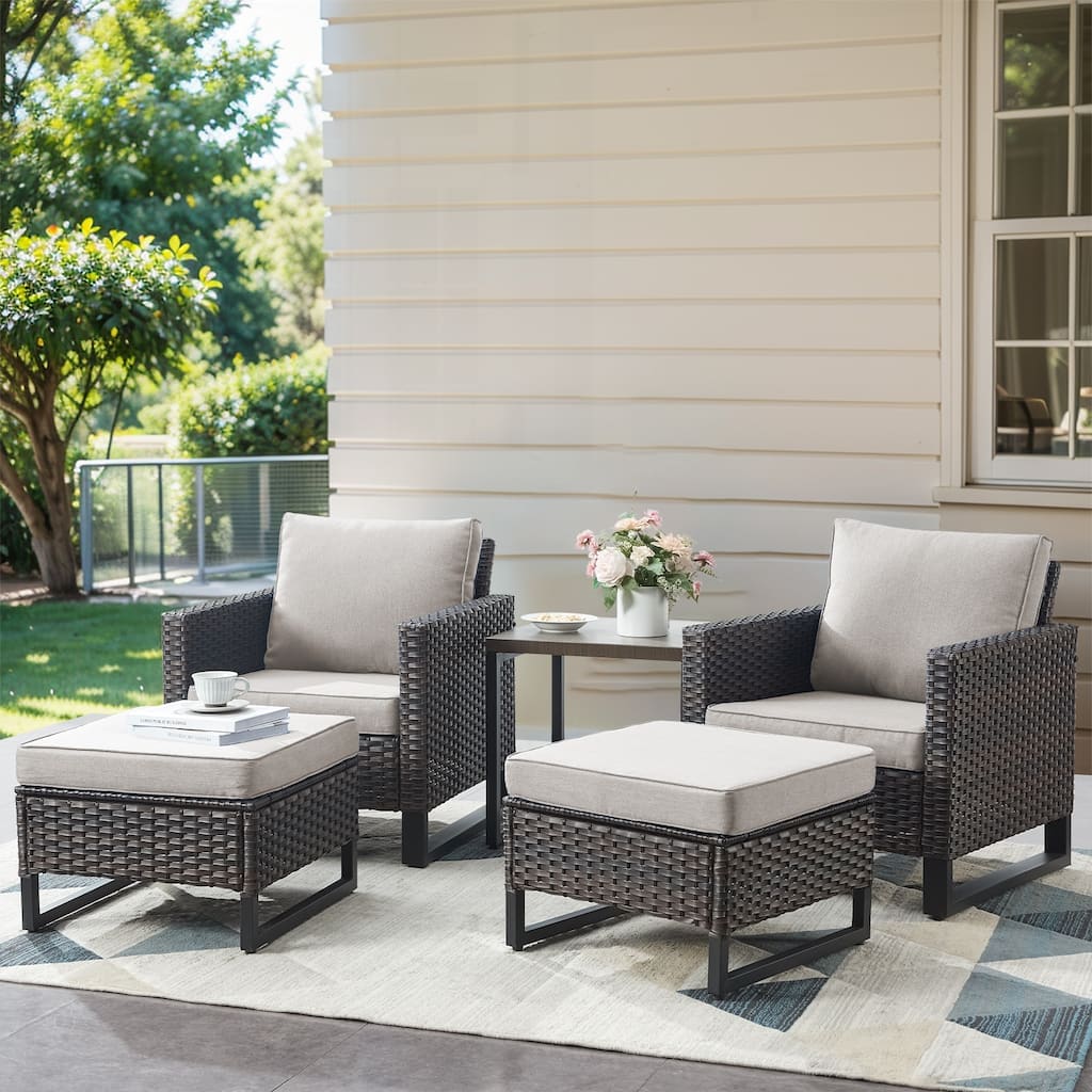 PE Wicker Rattan Outdoor Chair and Ottoman Set - Brown